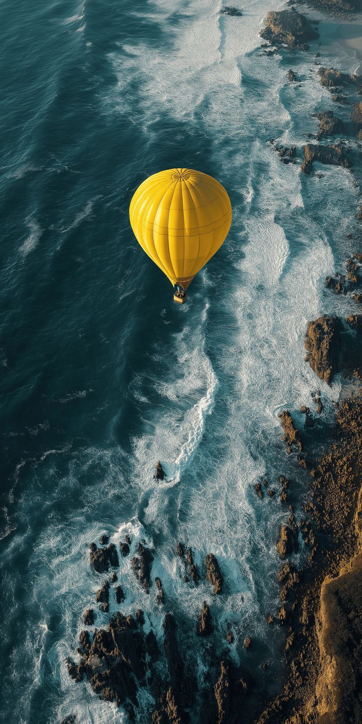 Yellow hot air balloon over the ocean
